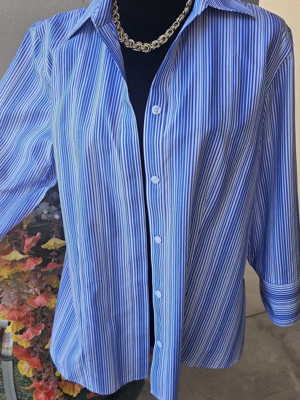 Chicos Classic Blue Striped With Metallic Threads  Button-Up Shirt MED